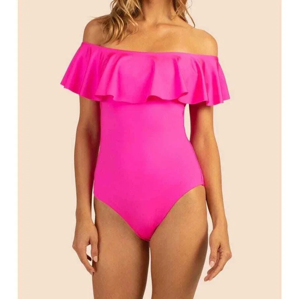 Trina Turk Monaco One Piece Bandeau Ruffle Pink‎ Pop NWOT Swimsuit Size 6